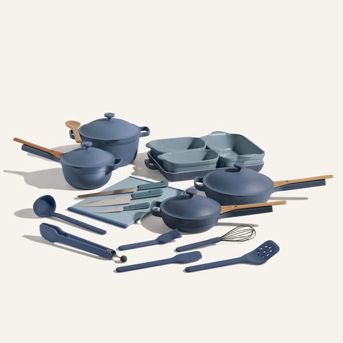 Blue Always Pan Mini Always Pan Perfect Pot Mini Perfect Pot Bakeware Set Utensil Essentials Cutting Board and knives bundle