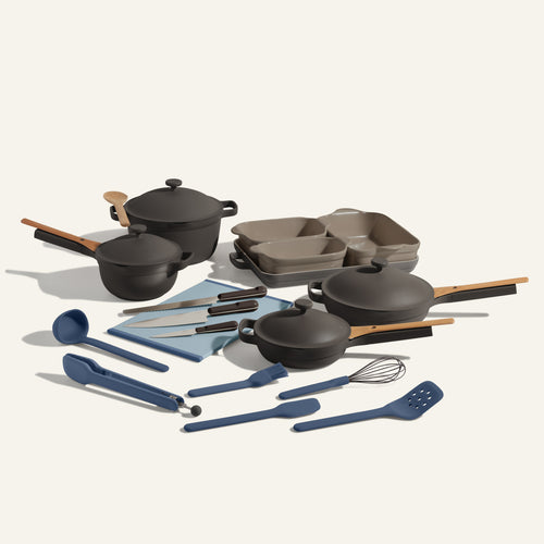 Black and Blue Always Pan Mini Always Pan Perfect Pot Mini Perfect Pot Bakeware Set Utensil Essentials Cutting Board and knives bundle