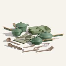 green and beige Always Pan Mini Always Pan Perfect Pot Mini Perfect Pot Bakeware Set Utensil Essentials Cutting Board and knives bundle