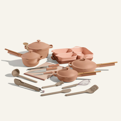 pink and beige Always Pan Mini Always Pan Perfect Pot Mini Perfect Pot Bakeware Set Utensil Essentials Cutting Board and knives bundle