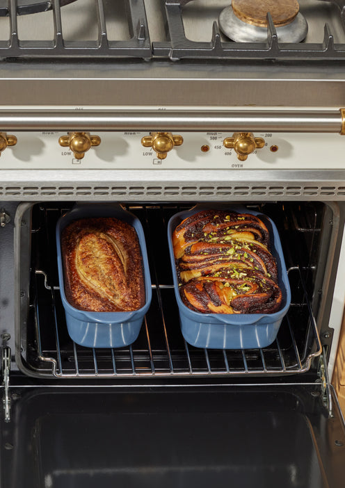 blue side bake and loaf pan in oven