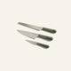 Three kitchen knives with green handles and silver blades are arranged on a plain, light-colored background.