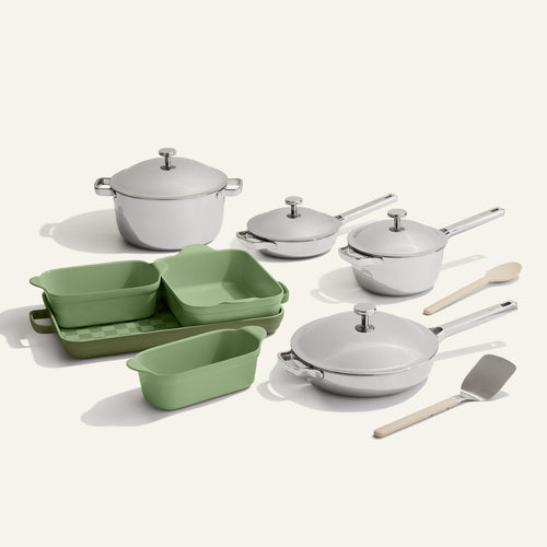 chrome titanium perfect pot pro, always pan pro, mini perfect pot pro, mini always pan pro and green bakeware set with silicone spoon and stainless steel spatula