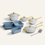 gold titanium perfect pot pro, always pan pro, mini perfect pot pro, mini always pan pro and blue bakeware set with silicone spoon and stainless steel spatula