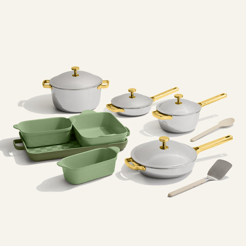 gold titanium perfect pot pro, always pan pro, mini perfect pot pro, mini always pan pro and green bakeware set with silicone spoon and stainless steel spatula