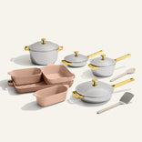 gold titanium perfect pot pro, always pan pro, mini perfect pot pro, mini always pan pro and pink bakeware set with silicone spoon and stainless steel spatula