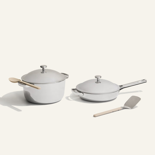 chrome titanium perfect pot pro and always pan pro with silicone spoon and stainless steel spatula