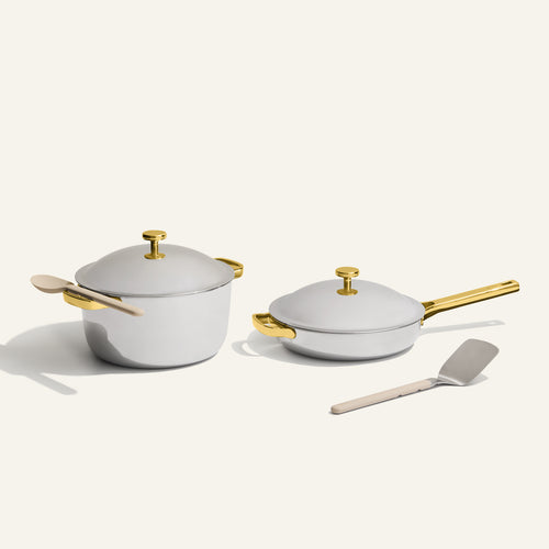 gold titanium perfect pot pro and always pan pro with silicone spoon and stainless steel spatula