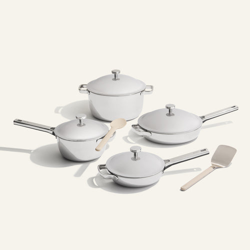 chrome titanium perfect pot pro, always pan pro, mini perfect pot pro, and mini always pan pro with silicone spoon and stainless steel spatula