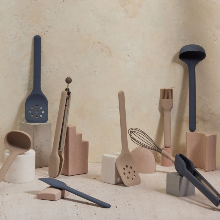 beige and blue utensil essentials