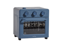 A compact blue countertop oven with three rotary control knobs on the front, a glass door, and a handle, shown on a plain white background.