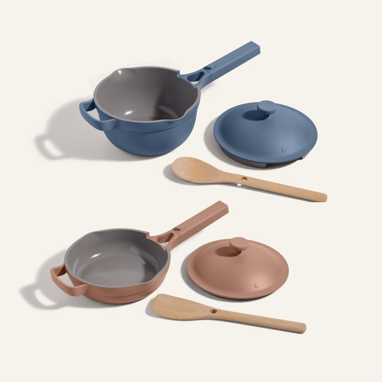 Pink Mini Always Pan with nesting Beechwood Spatula and blue Mini Perfect Pot with nesting Beechwood Spoon