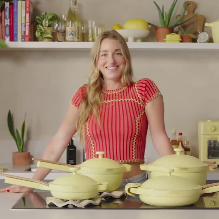 video of molly baz with yellow cookware