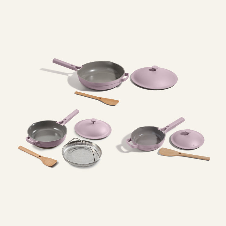 purple always pan, mini always pan, large always pan bundle with steamers and spatulas