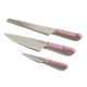 Three kitchen knives with stainless steel blades and pink handles are arranged side by side on a plain white background.