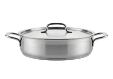 Stainless steel saute pan with lid and two side handles, shown against a plain white background.