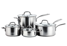 A set of four stainless steel pots and pans with lids, arranged on a white background.