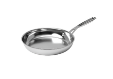 A stainless steel frying pan with a long handle is shown on a white background.