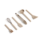 Six beige kitchen utensils—basting brush, whisk, spatula, tongs, ladle, and slotted turner—arranged in a row on a white background.